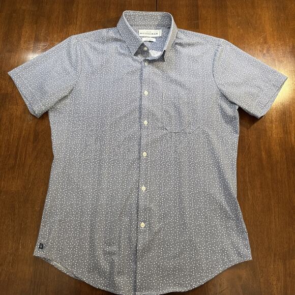 Mizzen+Main Leeward Shirt Men's Large Trim Fit Short Sleeve Blue White Leaf - Picture 1 of 13
